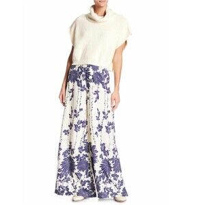 Free People Pants Womens Size 4 Ivory Blue Floral Wide-Leg Palazzo High